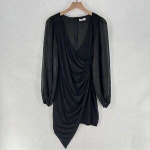 Rumor Womens Size M Black Mesh Sheer Balloon Long Sleeve Faux Wrap Mini Dress